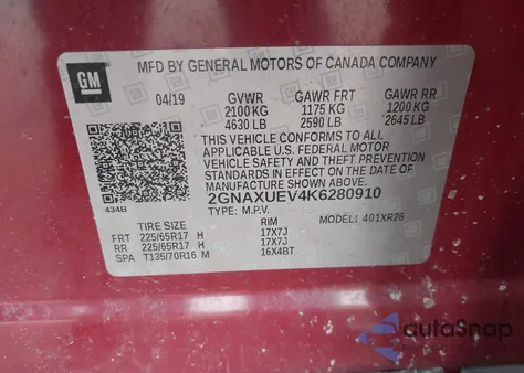 2019 Chevrolet Equinox Lt from USA, damaged, VIN 2GNAXUEV4K6280910